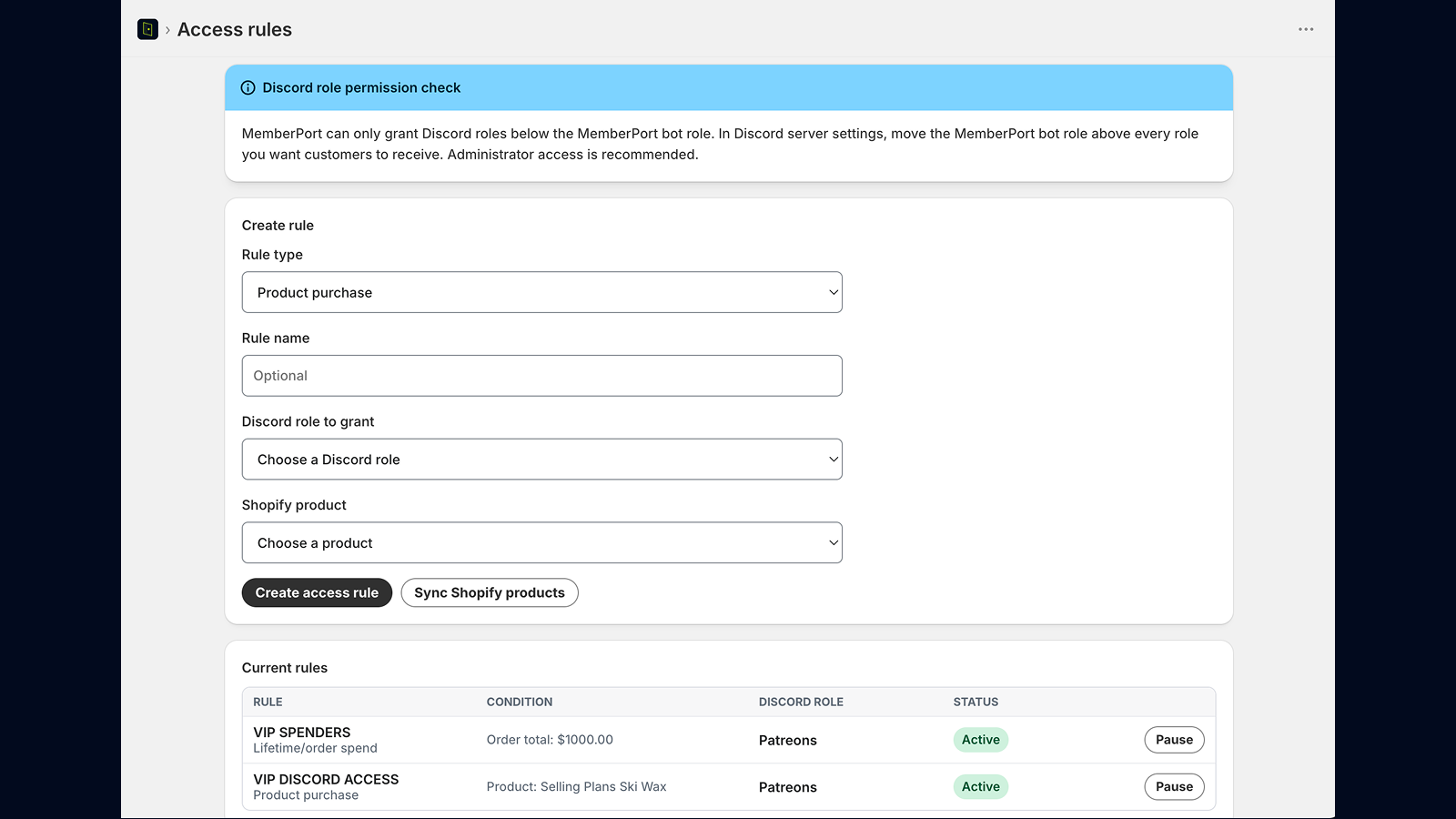 MemberPort access rules screen showing product purchase rules, Discord role selection, and current active rules.