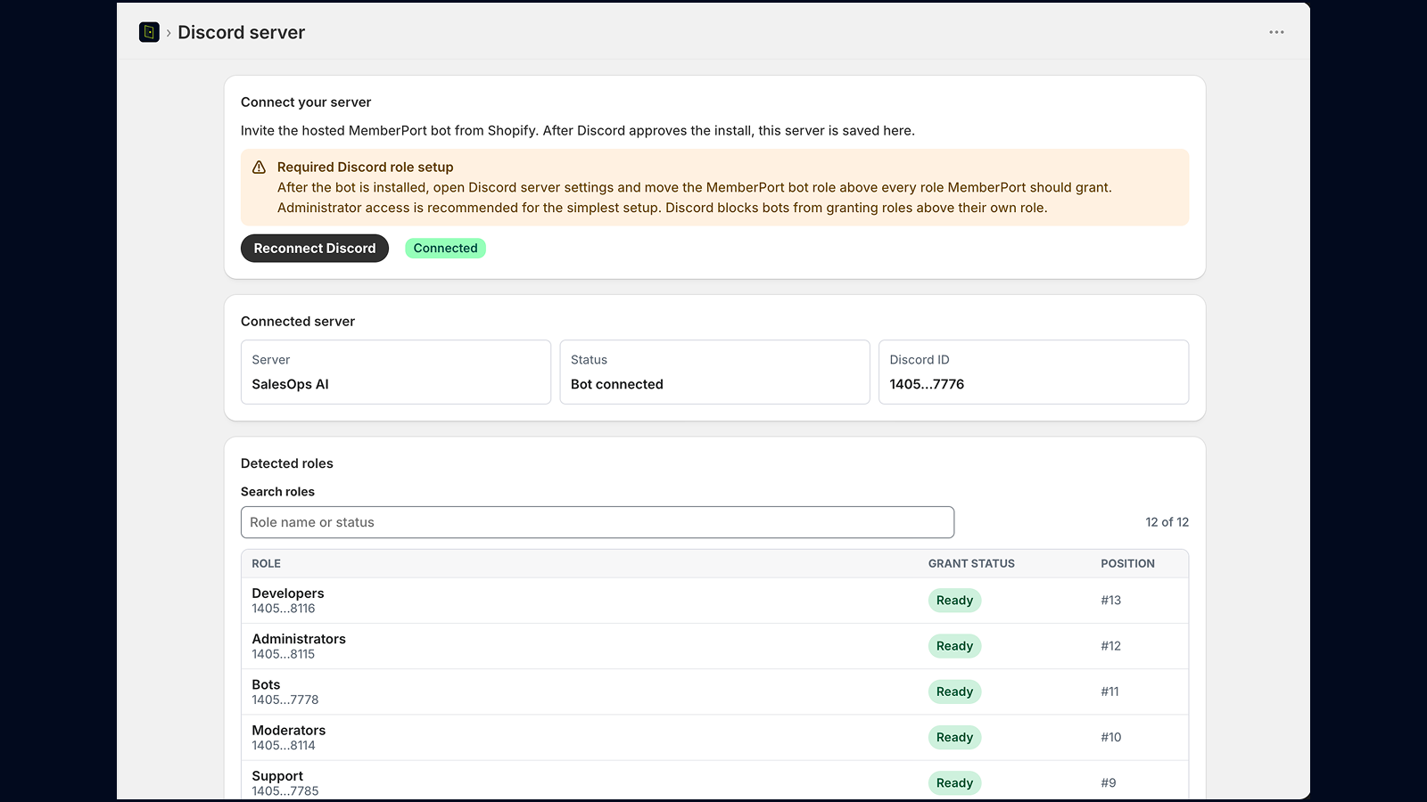 MemberPort dashboard showing the connected Discord server, hosted bot status, and detected Discord roles.