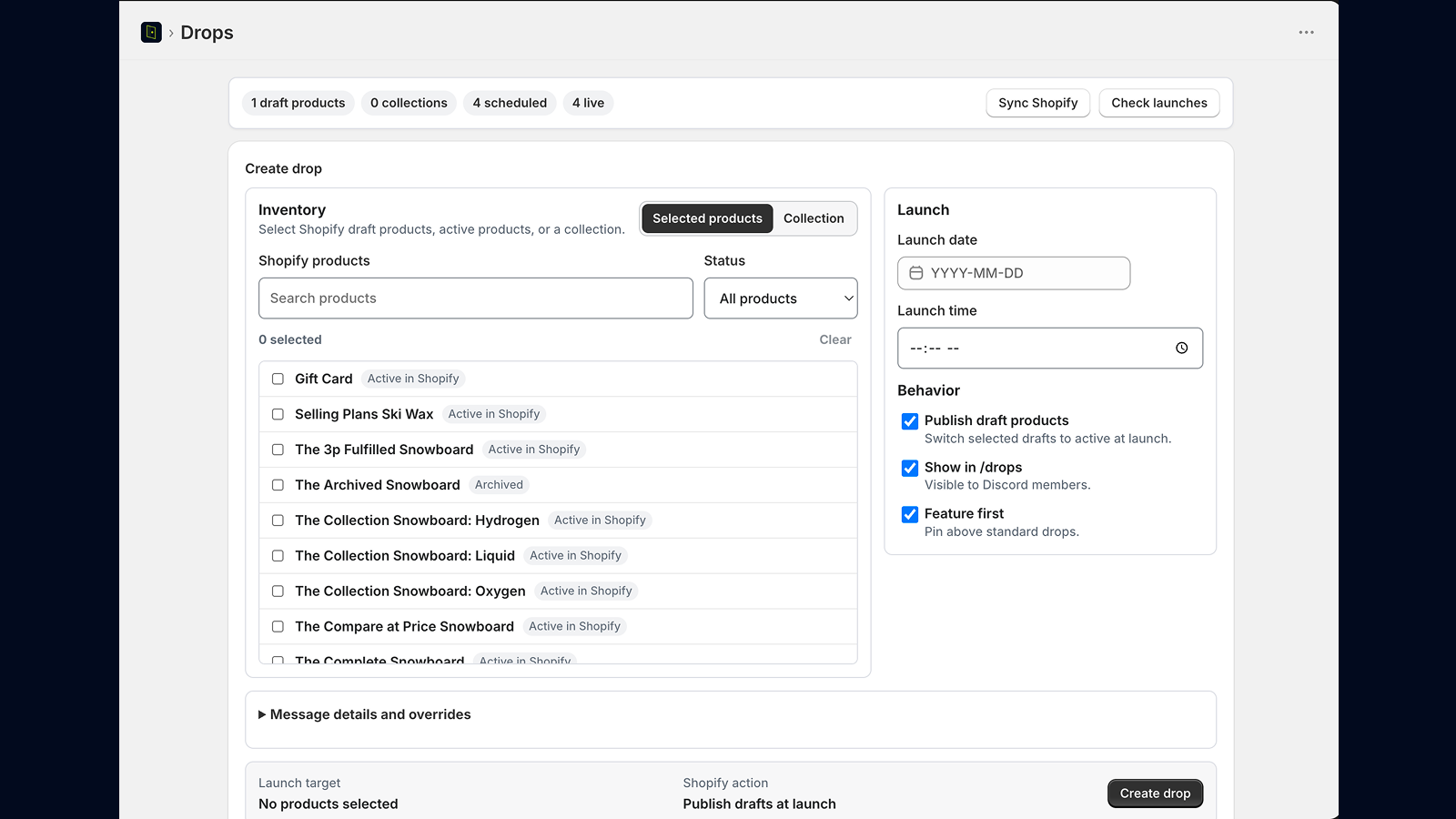 MemberPort product drops screen for Shopify products visible to a Discord community.